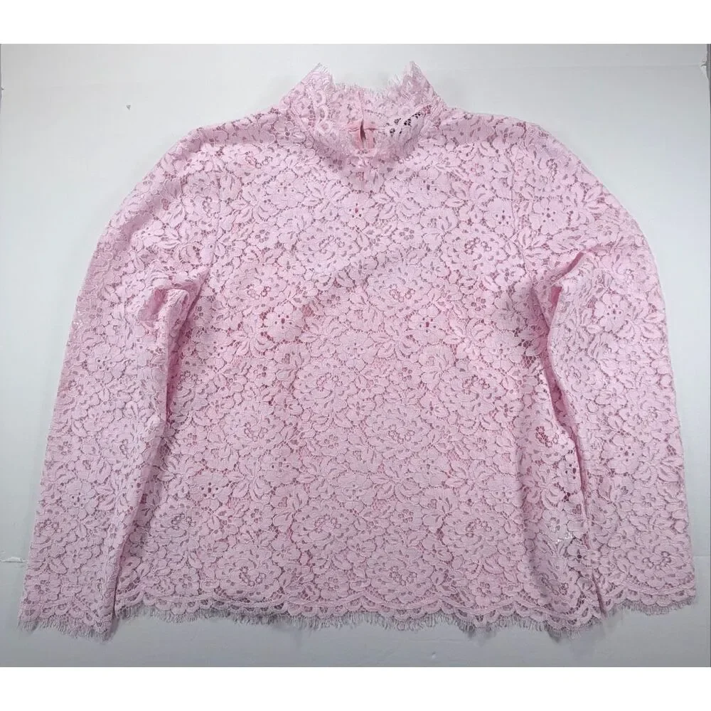 J.Crew Scalloped Lace Mockneck Top Pink Floral Lined Womens Size 12 Blouse NWOT - Picture 5 of 10